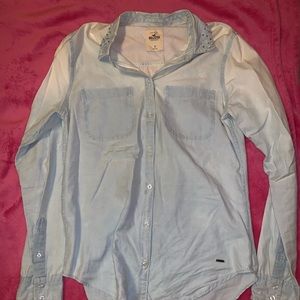 Light wash denim button down, rhinestone collar